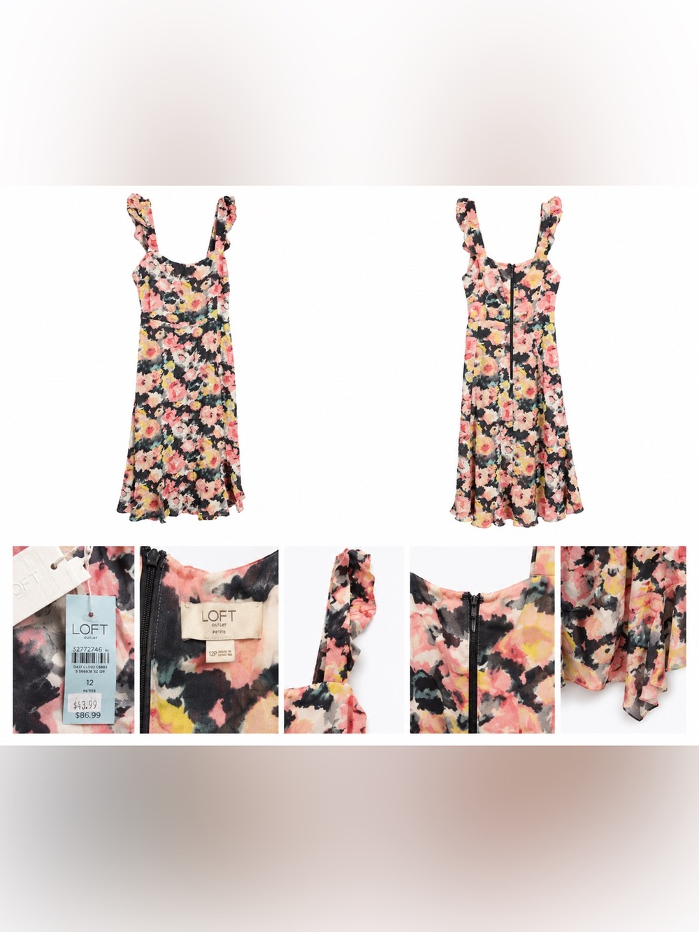 LOFT Floral Ruffle-Strap Dress in Black and Pink